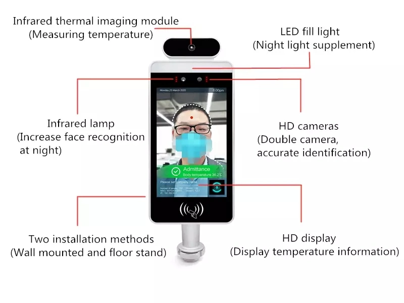 Face Recognition Hand Dispenser Kiosk Temperature Measurement 8 Inch with Sensor